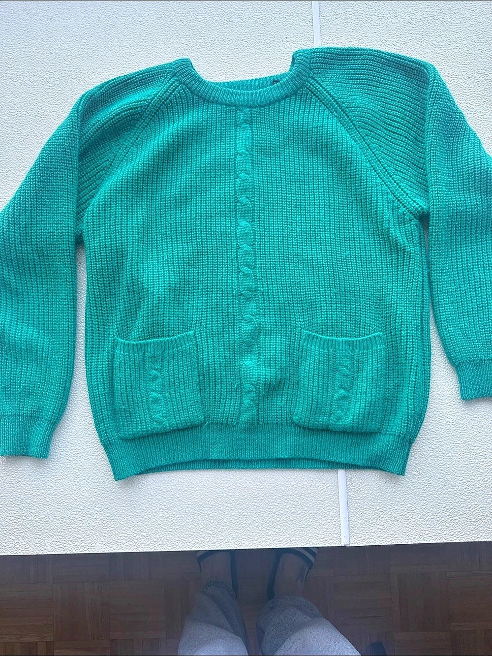 Vintage 80s Hunters Glen Teal Cable Knit Sweater S Patch Pockets